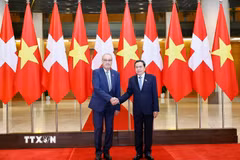 Chủ tịch Quốc hội Trần Thanh Mẫn hội kiến Tổng thống Thụy Sĩ Guy Parmelin. (Ảnh: Doãn Tấn/TTXVN)