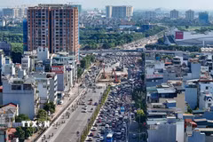 Vị trí thi công hầm chui Cổ Linh tại ngã tư Cổ Linh-Đàm Quang Trung. (Ảnh: Trung Nguyên/TTXVN)