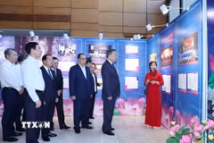 Tổng Bí thư, Chủ tịch nước Tô Lâm cùng các đồng chí lãnh đạo, nguyên lãnh đạo Đảng, Nhà nước tham quan trưng bày "Những tấm gương bình dị mà cao quý." (Ảnh: Phương Hoa/TTXVN)