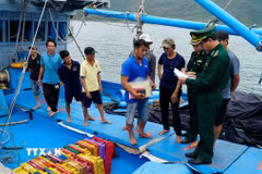 Bộ đội Biên phòng Gia Lai hướng dẫn ngư dân chấp hành các quy định khi khai thác trên biển. (Ảnh: Đình Quân/TTXVN)