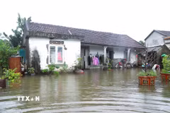 Đến chiều 17/9, hàng ngàn nhà dân trên địa bàn các xã Quỳnh Lưu, Quỳnh Văn, Quỳnh Anh (Nghệ An) vẫn còn trong tình trạng nước ngập sâu bao quanh nhà. (Ảnh: Xuân Tiến/TTXVN)