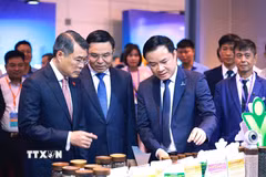 Thủ tướng Lê Minh Hưng tham quan các gian hàng trưng bày sản phẩm đạt Thương hiệu quốc gia Việt Nam năm 2026. (Ảnh: Dương Giang/TTXVN)