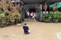 Nhiều khu dân cư ven sông Bánh Lái, tỉnh Đắk Lắk vẫn bị nước lũ bủa vây. (Ảnh: Đỗ Trưởng/TTXVN)