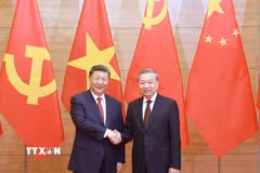 Tối 14/4/2025, tại Trung tâm Hội nghị quốc tế (Hà Nội), Tổng Bí thư Tô Lâm và Tổng Bí thư, Chủ tịch nước Trung Quốc Tập Cận Bình tại Tiệc chiêu đãi cấp Nhà nước chào mừng chuyến thăm cấp Nhà nước tới Việt Nam của Tổng Bí thư, Chủ tịch nước Trung Quốc Tập Cận Bình. (Ảnh: TTXVN)