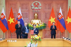 Thủ tướng Lê Minh Hưng và Thủ tướng Robert Fico chứng kiến trao Biên bản ghi nhớ giữa Ủy ban tiêu chuẩn đo lương chất lượng quốc gia (STAMEQ) và Văn phòng Tiêu chuẩn, Đo lường và Thử nghiệm Slovakia (UNMS) về hợp tác trong các lĩnh vực tiêu chuẩn hóa, đo lường, quy chuẩn kỹ thuật và đánh giá sự phù hợp, công nhận và quản lý chất lượng. (Ảnh: Dương Giang/TTXVN)
