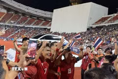 Niềm vui của các cầu thủ Việt Nam sau khi dẫn trước Thái Lan 2-0. (Ảnh: Phạm Hải/TTXVN)