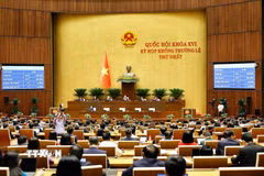 Quốc hội biểu quyết thông qua Nghị quyết của Quốc hội phê duyệt chủ trương đầu tư Chương trình mục tiêu quốc gia phát triển văn hóa - xã hội, nông thôn, dân tộc và miền núi giai đoạn 2026-2035. (Ảnh: Doãn Tấn/TTXVN)