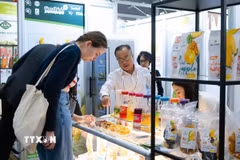 Khách tham quan thích thú khi được thử trái cây sấy dẻo của Việt Nam. (Ảnh: Diệu Linh/TTXVN)