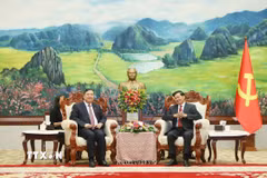 Tổng Bí thư, Chủ tịch nước Lào Thongloun Sisoulith (phải) tiếp Phó Thủ tướng Thường trực Chính phủ Phạm Gia Túc. (Ảnh: Xuân Tú/TTXVN)