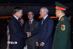 Quan chức Chính phủ Canada và cán bộ, nhân viên Đại sứ quán Việt Nam đón Tổng Bí thư, Chủ tịch nước Tô Lâm tại sân bay quốc tế Mcdonald-Cartier, Ottawa. (Ảnh: Thống Nhất/TTXVN)