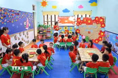 Cô trò trường Mầm non Hoa Hồng (phường Hà Giang 2, tỉnh Tuyên Quang). (Ảnh: Thanh Tùng/TTXVN)