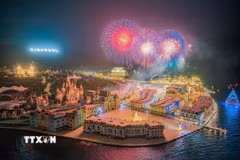 Đảo Hòn Tre rực rỡ pháo hoa trong ngày lễ lớn của đất nước. (Ảnh: TTXVN phát)