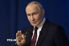 Tổng thống Nga Vladimir Putin tại cuộc họp báo ở Moskva. (Nguồn: AA/TTXVN)