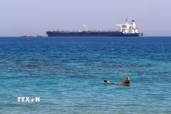Con tàu di chuyển qua Vịnh Suez, Ai Cập. (Nguồn: THX/TTXVN)