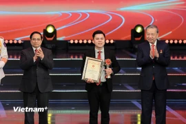 Đại diện nhóm tác giả - nhà báo Võ Mạnh Hùng - nhận giải thưởng. (Ảnh: Hoài Nam/Vietnam+)