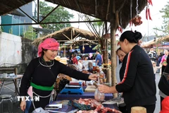 Việc tái hiện chợ cổ không chỉ giúp khôi phục những giá trị văn hóa truyền thống, mà còn tạo ra trải nghiệm sống động cho người dân và du khách trong Festival sông Hồng 2025. (Ảnh: Tuấn Anh/TTXVN)