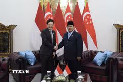 Tổng thống Indonesia Prabowo Subianto và Thủ tướng Singapore Lawrence Wong tại Cung điện Merdeka ở Jakarta. (Ảnh: Đỗ Quyên/TTXVN)