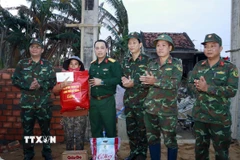 Lực lượng quân đội Bộ chỉ huy Quân sự thành phố Đà Nẵng giúp dân xây nhà sau mưa lũ. (Ảnh: Trần Tĩnh/TTXVN)