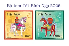Hai mẫu tem bộ tem Tết Bính Ngọ 2026 mang thông điệp "Mã đáo thành công".