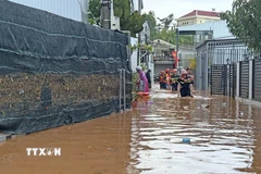 Một người lớn tuổi được lực lượng chức năng đưa ra ngoài an toàn khi nước dâng cao gây ngập nhà ở ven suối sau trận mưa lớn chiều 12/8. (Ảnh: Nguyễn Dũng/TTXVN)