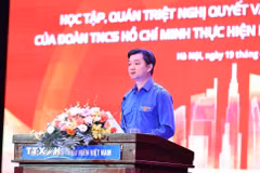 Đồng chí Nguyễn Minh Triết – Ủy viên dự khuyết Trung ương Đảng, Bí thư thường trực Trung ương Đoàn, Chủ tịch Hội Sinh viên Việt Nam phát biểu chuyên đề “Chương trình hành động của Đoàn thực hiện Nghị quyết Đại hội XIV của Đảng”. (Ảnh: Minh Đức /TTXVN)