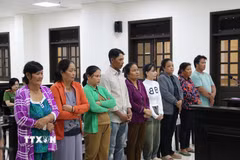  TAND tỉnh Cà Mau đã tuyên phạt hơn 113 năm tù cho 9 bị cáo thực hiện hành vi tìm kiếm những người phụ nữ có hoàn cảnh gia đình khó khăn rồi dụ dỗ, thuyết phục giới thiệu sang Trung Quốc làm việc nhẹ, lương cao. (Ảnh: TTXVN phát.)