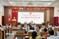 Các đại biểu Hội đồng Nhân dân tỉnh Khánh Hòa biểu quyết thông qua các nghị quyết đề ra. (Ảnh: Công Thử/TTXVN)