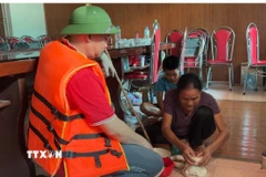 Người dân vùng ngập sâu được hỗ trợ di chuyển đến nơi an toàn. (Ảnh: Đỗ Huyền/TTXVN)