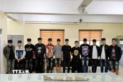 Nhóm đối tượng cùng tang vật tại cơ quan Công an. (Ảnh: TTXVN phát)