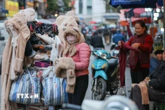 Người lao động, bán hàng trên phố che chắn kỹ chống rét. (Ảnh: Hoàng Hiếu/TTXVN)