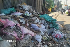 Bãi rác lộ thiên gây ô nhiễm môi trường và ảnh hưởng đến sức khỏe, cảnh quan đô thị Hà Nội. (Ảnh: Phương Anh/TTXVN)