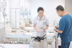 Nhân viên y tế của Bệnh viện Bạch Mai đã túc trực tại các Khoa, phòng sắp xếp lại thiết bị, dụng cụ phục vụ khám chữa bệnh; chuẩn bị các chủng loại thuốc lên kệ tại nhà thuốc để sẵn sàng phục vụ người bệnh. (Ảnh: Minh Quyết/TTXVN)