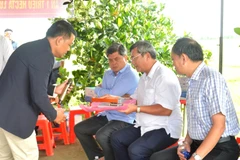 Đại diện công ty LUAGPT giới thiệu hệ thống thiết bị AWD thông minh giúp tiết kiệm nước, giảm phát thải khí nhà kính với Thứ trưởng Trần Thanh Nam. (Ảnh: Văn Sĩ/TTXVN)