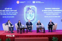 Các đại biểu quốc tế tham dự tọa đàm Hợp tác toàn cầu phòng, chống lừa đảo trực tuyến. (Ảnh: TTXVN)