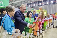 Đại diện hiệp hội doanh nghiệp trong và ngoài nước tham quan gian hàng triển lãm. (Ảnh: Mỹ Phương/TTXVN)