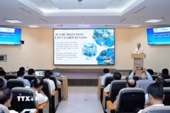Quang cảnh buổi lễ ra viện của ca ghép gan thứ 11 tại Bệnh viện Trung ương Huế. (Ảnh: TTXVN phát)