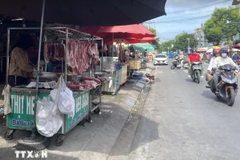 Quầy thịt lợn vắng khách trên đường Phạm Hữu Lầu, phường Tân Mỹ, TP. Hồ Chí Minh. (Ảnh: Hương Giang/TTXVN)