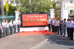 Các đồng chí lãnh đạo, nguyên lãnh đạo Tỉnh ủy, UBND tỉnh Cà Mau đã cùng thực hiện nghi thức khánh thành Bảo tàng lúa nước tỉnh Cà Mau. (Ảnh: Chanh Đa/TTXVN)