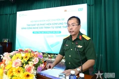 Đại tá, bác sỹ chuyên khoa II Nguyễn Trung Kiên, Giám đốc Bệnh viện Quân y 120, Cục Hậu cần - Kỹ thuật Quân khu 9 chủ trì hội nghị. (Nguồn: QĐND)