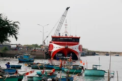 Các tàu cao tốc hoạt động tuyến Phan Thiết - đảo Phú Quý neo đậu trong cảng Thương Chánh (Lâm Đồng). (Ảnh: Nguyễn Thanh/TTXVN)