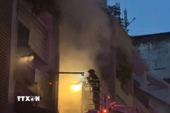 Cảnh sát chữa cháy nỗ lực dập lửa. (Ảnh: TTXVN phát)