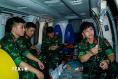 Các bác sỹ Tổ Cấp cứu đường không, Bệnh viện Quân y 175, Thành phố Hồ Chí Minh theo dõi người bệnh trong quá trình bay. (Ảnh: TTXVN phát)