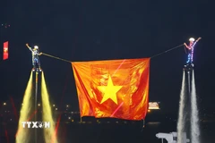 Các vận động viên Flyboard thực hiện kéo cờ Tổ quốc tung bay trên dòng sông Đồng Nai. (Ảnh: Lê Xuân/TTXVN)