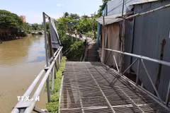 Vụ sạt lở làm hư hỏng hoàn toàn cây cầu gỗ dân sinh dài khoảng 15 mét, ảnh hưởng đến việc đi lại của người dân địa phương. (Ảnh: TTXVN phát)