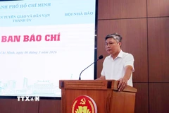 Đại tá Nguyễn Hải Phước, Trưởng phòng An ninh chính trị nội bộ, Công an Thành phố Hồ Chí Minh, thành viên Tiểu ban Đảm bảo an ninh, trật tự, an toàn xã hội thuộc Ủy ban Bầu cử Thành phố thông tin về công tác chuẩn bị bầu cử. (Ảnh: Xuân Khu/TTXVN)