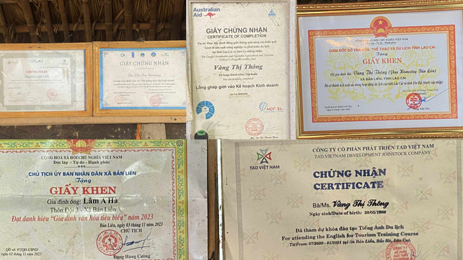 Certificates of merit and recognition for Ms. Thong's family's activities in tourism development. (Photo: Trinh Huyen) canva.png