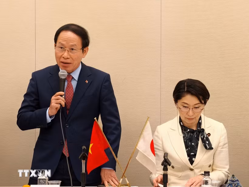Phó Thủ tướng Lê Tiến Châu phát biểu tại buổi làm việc với Liên minh Nghị sỹ hữu nghị Nhật Bản-Việt Nam. (Ảnh: Bùi Hà/TTXVN)