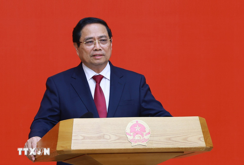 Bí thư Đảng ủy Chính phủ, Thủ tướng Chính phủ Phạm Minh Chính phát biểu chúc mừng. (Ảnh: Dương Giang/TTXVN)