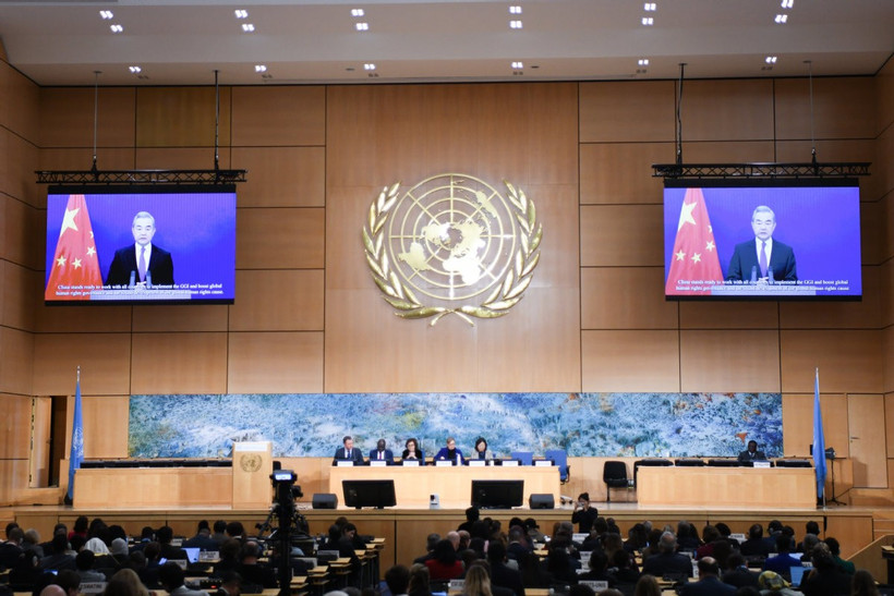 Bộ trưởng Ngoại giao Trung Quốc Vương Nghị phát biểu trực tuyến tại Phiên họp cấp cao Khóa 61 Hội đồng Nhân quyền Liên hợp quốc. (Nguồn: Xinhua)