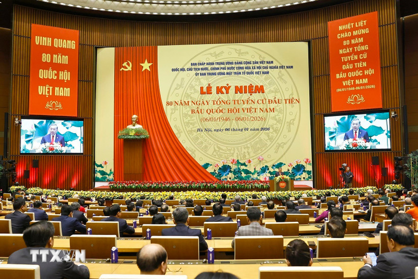 Tổng Bí thư Tô Lâm phát biểu tại Lễ kỷ niệm 80 năm Ngày Tổng tuyển cử đầu tiên bầu Quốc hội Việt Nam. (Ảnh: Doãn Tấn/TTXVN)